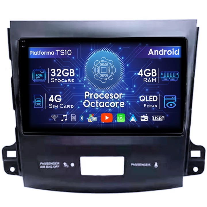 Navigatie dedicata Peugeot 4007 2007-2012, 4GB RAM 32GB ROM, Octacore, Android 14, Display QLED 1K 9", DSP, Carplay&Android Auto, SIM 4G, Bluetooth, Ventilator Activ
