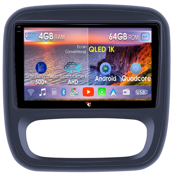 Dedikált navigáció Opel Vivaro B 2014-2018, 4GB RAM 64GB ROM, Octacore, Android 14, QLED 1K 9" kijelző, Carplay és Android Auto, SIM 4G, Aktív ventilátor