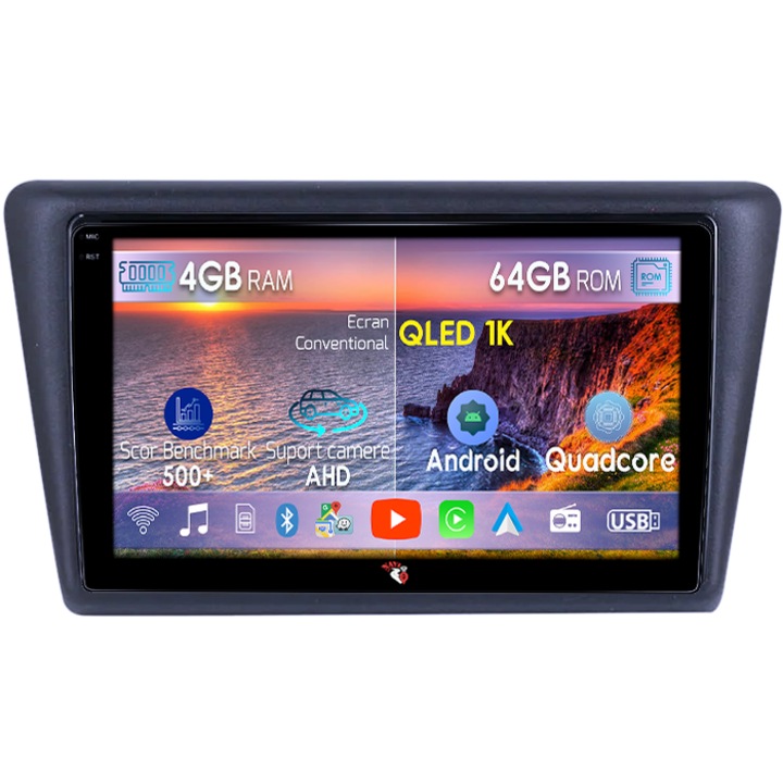 Navigáció Skoda Rapid 2013-2017, 4GB RAM 64GB ROM, Octacore, Android 14, Kijelző QLED 1K 9", Carplay&Android Auto, SIM 4G, Aktív ventilátor