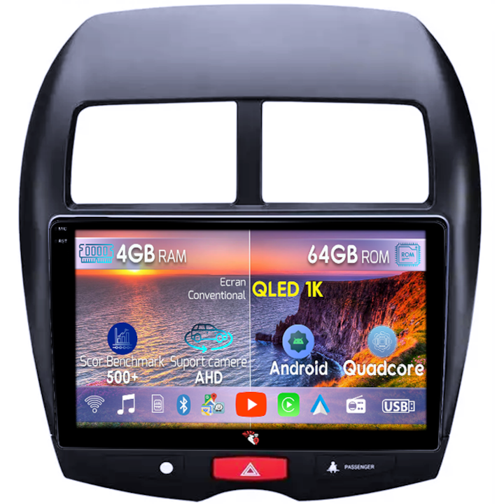 Navigatie dedicata Mitsubishi ASX 2010-2019, 4GB RAM 64GB ROM, Octacore, Android 14, Display QLED 1K 10", Carplay&Android Auto, SIM 4G, Ventilator Activ