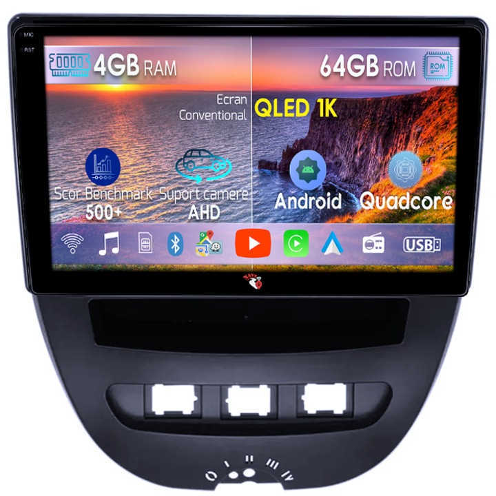 Navigatie dedicata Peugeot 107 2009-2015, 4GB RAM 64GB ROM, Octacore, Android 14, Display QLED 1K 10", Carplay&Android Auto, SIM 4G, Ventilator Activ
