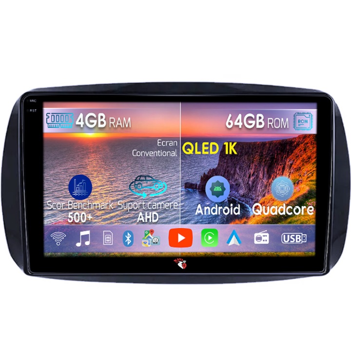 Dedikált navigáció Smart Fortwo 2014 utáni modellekhez, 4GB RAM 64GB ROM, Octacore, Android 14, QLED 1K 9" kijelző, Carplay&Android Auto, SIM 4G, Aktív ventilátor