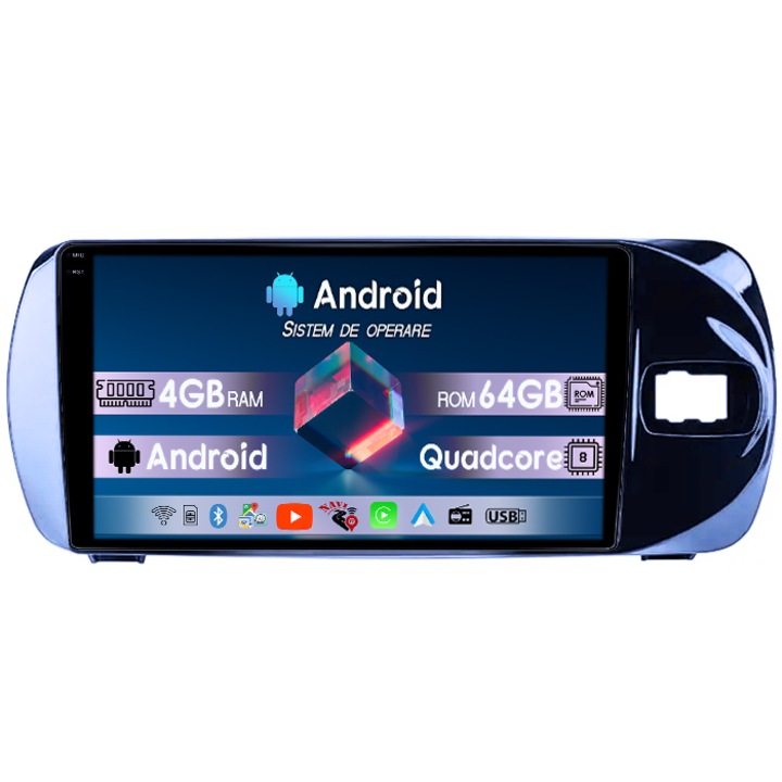 Navigatie dedicata Toyota Vitz 2016-2020, 4GB RAM 64GB ROM, Quad Core, Display 9" QLED 1K, Carplay, Android 14, Bluetooth, Magazin Play, Suport Camere AHD