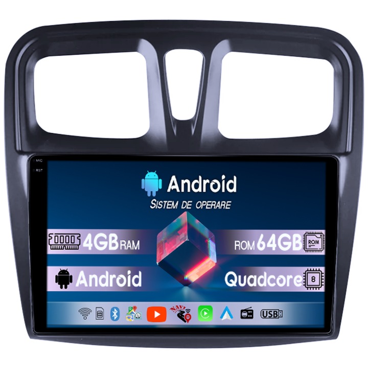 Navigatie dedicata Renault Logan 2014-2019, 4GB RAM 64GB ROM, Octacore, Display 9" QLED 1K, Carplay, Android 14, Bluetooth, Magazin Play, Suport Camere AHD