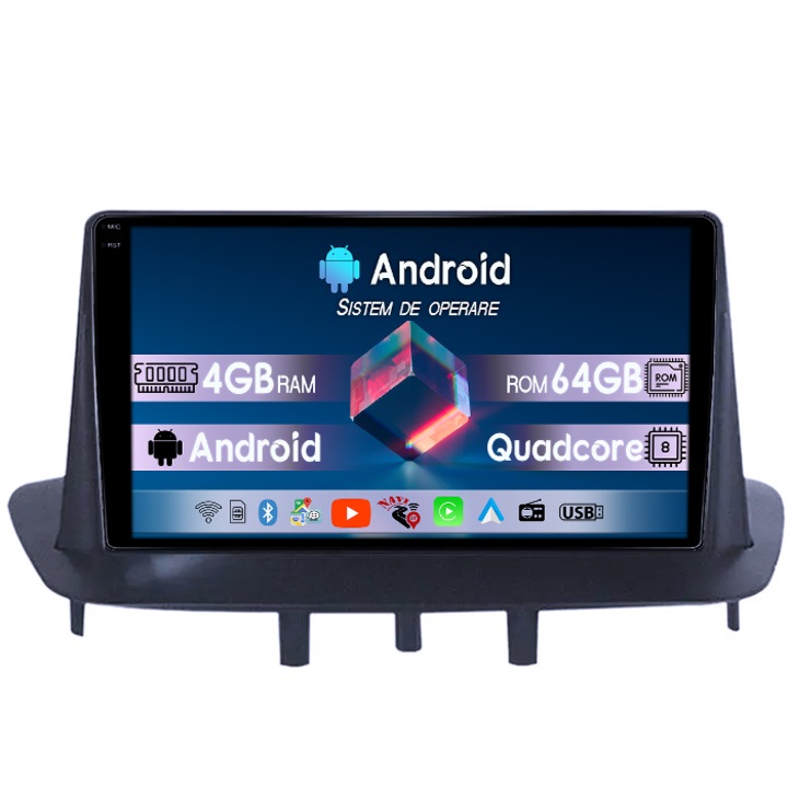 Dedikált navigáció Renault Megane 3 2008-2014, 4GB RAM 64GB ROM, Octacore, 9" QLED 1K kijelző, Carplay, Android 14, Bluetooth, Play Áruház, AHD kamera támogatás