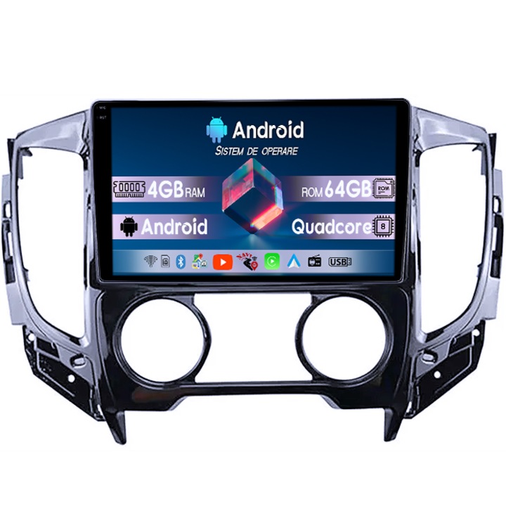 Navigatie dedicata Mitsubishi L200 2015-2019, 4GB RAM 64GB ROM, Octacore, Display 9" QLED 1K, Carplay, Android 14, Bluetooth, Magazin Play, Suport Camere AHD