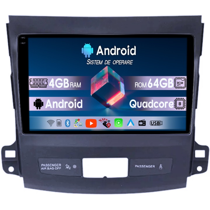 Navigatie dedicata Mitsubishi Outlander 2006-2014, 4GB RAM 64GB ROM, Octacore, Display 9" QLED 1K, Carplay, Android 14, Bluetooth, Magazin Play, Suport Camere AHD