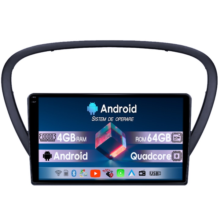 Navigatie dedicata Peugeot 607 2004-2010, 4GB RAM 64GB ROM, Octacore, Display 9" QLED 1K, Carplay, Android 14, Bluetooth, Magazin Play, Suport Camere AHD