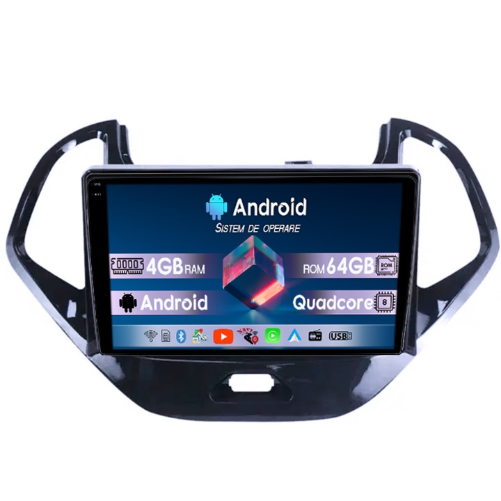 Dedikált navigáció Ford Figo 2015-2018, 4GB RAM 64GB ROM, Octacore, Android 14, QLED 1K 9" kijelző, DSP, Carplay és Android Auto, AHD kamerák támogatása