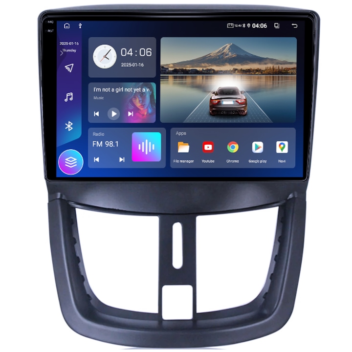 Navigatie dedicata Peugeot 207 2006-2015, 4GB RAM 64GB ROM, Quad Core, Display 9" QLED 1K, Carplay, Android 14, Bluetooth, Magazin Play, Suport Camere AHD