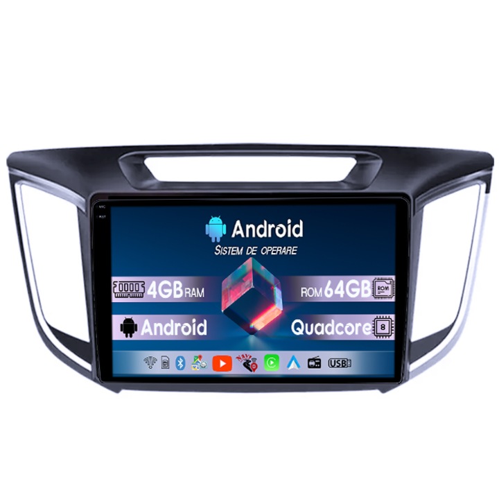 Navigatie dedicata Hyundai IX25/Creta, 4GB RAM 64GB ROM, Octacore, Display 9" QLED 1K, Carplay, Android 14, Bluetooth, Magazin Play, Suport Camere AHD