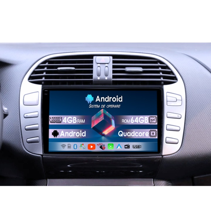 Navigatie dedicata Fiat Bravo 2008-2015, 4GB RAM 64GB ROM, Octacore, Android 14, Display QLED 1K 9", DSP, Carplay&Android Auto, Suport camere AHD