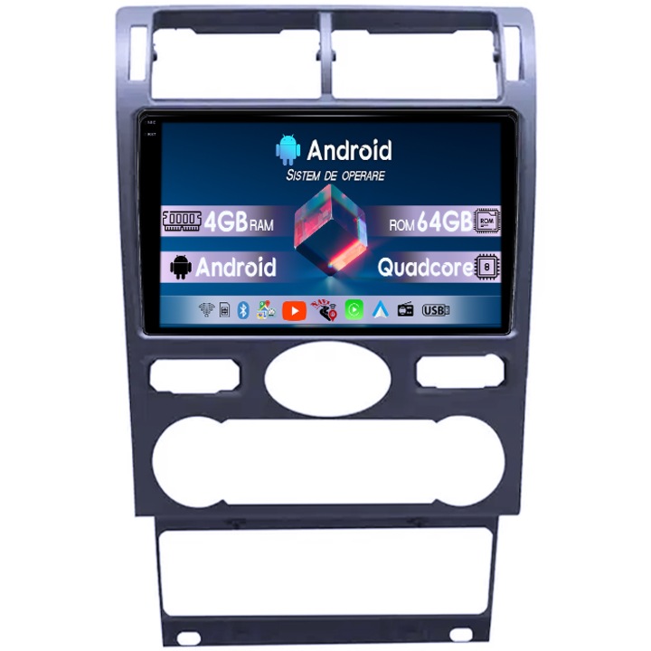 Navigatie dedicata Ford Mondeo 3 2000-2007, 4GB RAM 64GB ROM, Quadcore, Android 14, Display QLED 1K 9", DSP, Carplay&Android Auto, Suport camere AHD