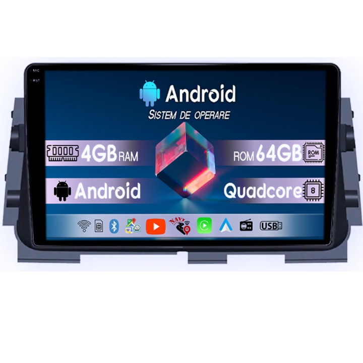 Navigatie dedicata Nissan Kicks Micra P15 2016-2020, 4GB RAM 64GB ROM, Quad Core, Display 9" QLED 1K, Carplay, Android 14, Bluetooth, Magazin Play, Suport Camere AHD