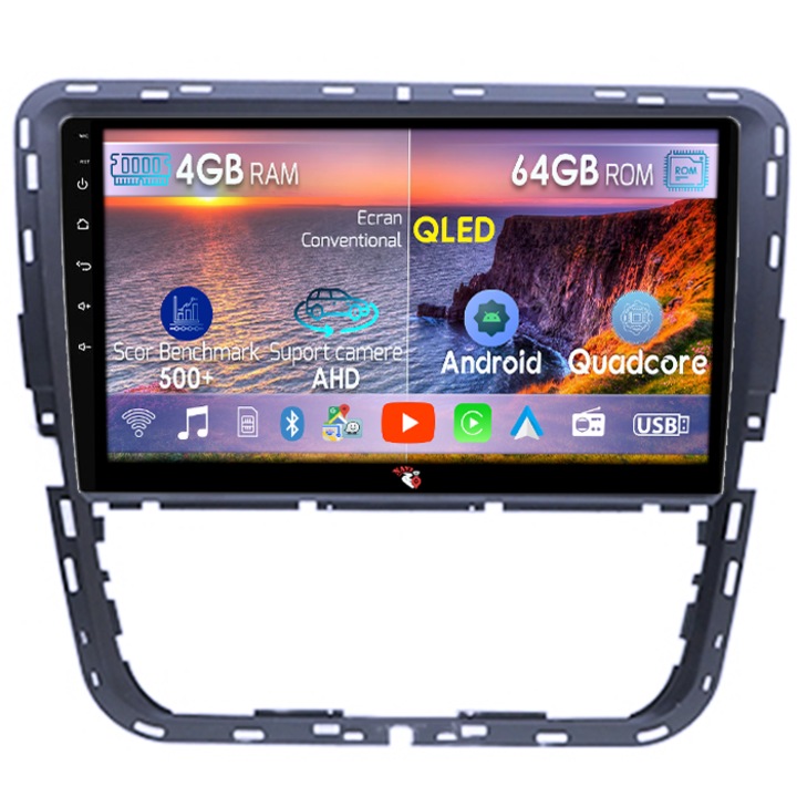 Navigatie dedicata Passat 2012-2015, 4GB RAM 64GB ROM, Octacore, Display 9" QLED 1K, Carplay, Android 14, Bluetooth, Magazin Play, Suport Camere AHD