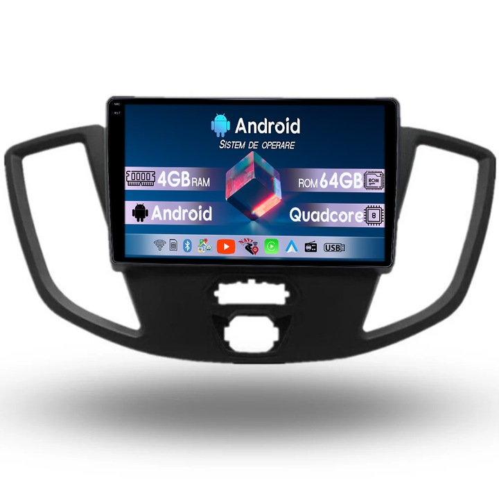 Navigatie dedicata Ford Transit 2012-2019, 4GB RAM 64GB ROM, Quadcore, Android 14, Display QLED 1K 9", DSP, Carplay&Android Auto, Suport camere AHD