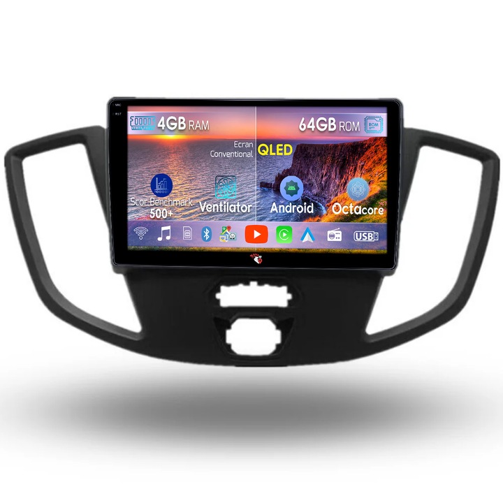 Navigáció Ford Transit 2012-2019, 4GB RAM 64GB ROM, Octacore, Android 14, QLED 1K 9" kijelző, Carplay&Android Auto, SIM 4G, Aktív ventilátor