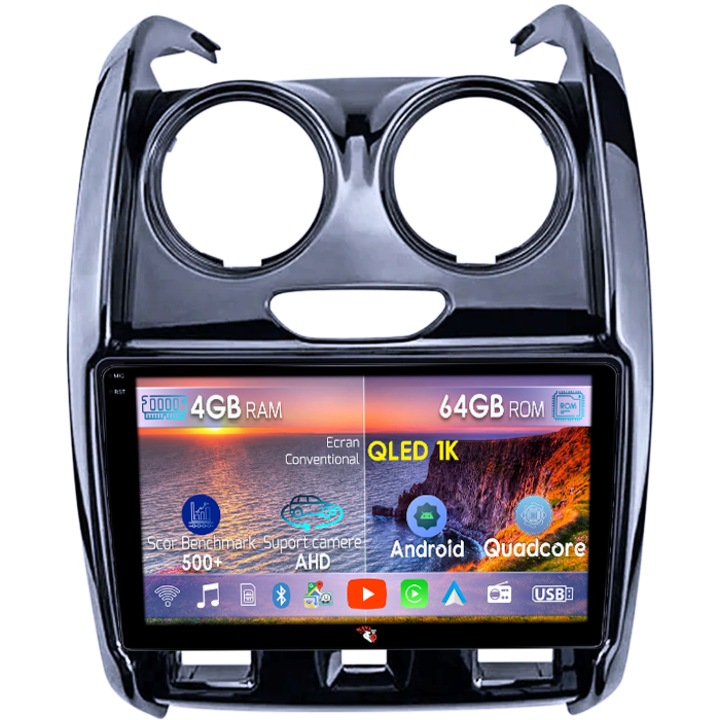 Navigatie dedicata Renault Duster 2015-2020 Lada Largus 2021, 4GB RAM 64GB ROM, Quadcore, Android 14, Display QLED 1K 9", Carplay&Android Auto, SIM 4G, Ventilator Activ