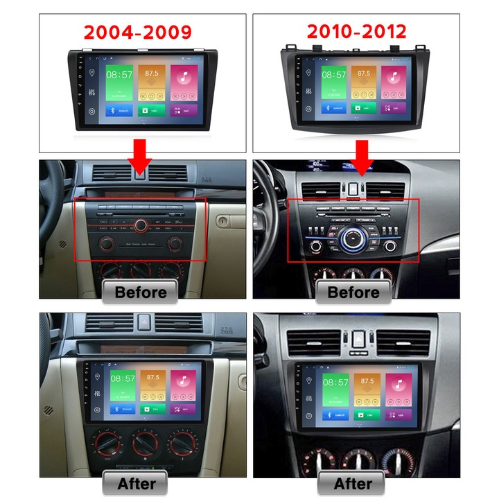 Dedikált navigáció Mazda 3 2013-2016, 4GB RAM 64GB ROM, Octacore, Android 14, QLED 1K kijelző, 9", DSP, Carplay&Android Auto, AHD kamera támogatás