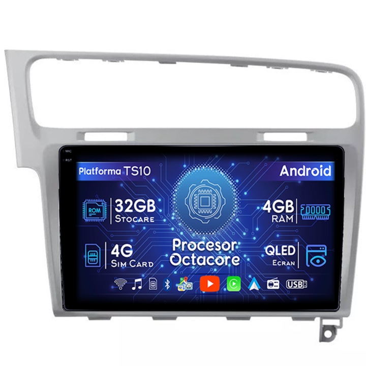 Navigatie dedicata dedicata Volkswagen Golf 7 2013-2017, Light Gray, 4GB RAM 32GB ROM, Android 14, Display QLED 1K, 10", DSP, Carplay, Android Auto, Internet, Youtube, Waze, WI-FI, USB, Bluetooth