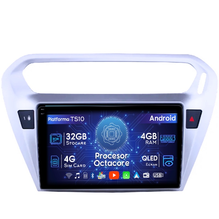Navigatie Peugeot 301 2013-2016C-Elysee 2012+, 4GB RAM 32GB ROM, Octacore, Android 14, Display QLED 1K 9", DSP, Carplay&Android Auto, SIM 4G, Bluetooth, Ventilator Activ
