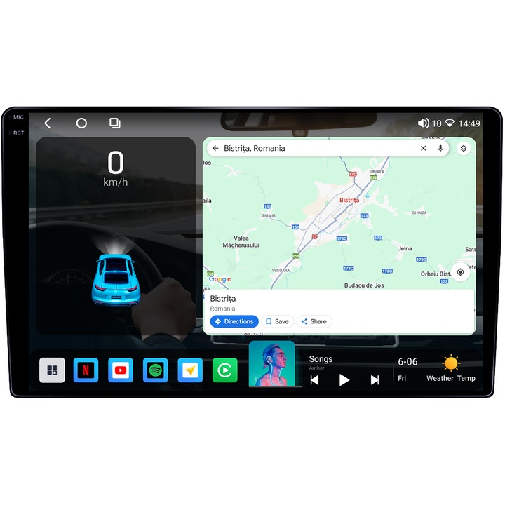 Navigatie GPS universala, 8GB RAM 128GB ROM, Octacore, Platforma TS18, Android 14, Display QLED 10", Suporta camera 360", DSP, Carplay&Android Auto, SIM 4G, Ventilator Activ