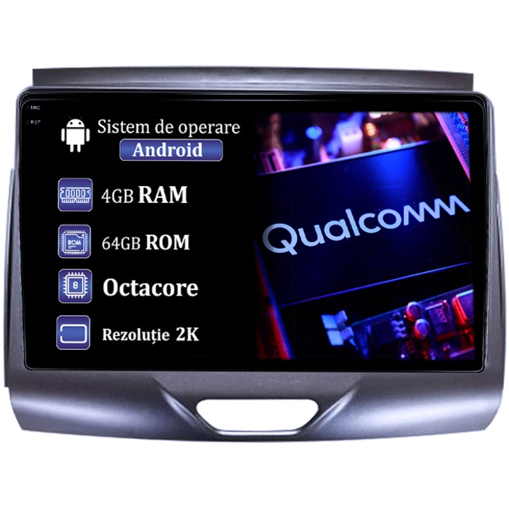 Navigatie dedicata Ford Ranger 2015-2020, 4GB RAM 64GB ROM, Procesor Qualcomm Octacore, Android 14, Rezolutie 2K, Display QLED 9", DSP, Carplay&Android Auto, SIM 4G