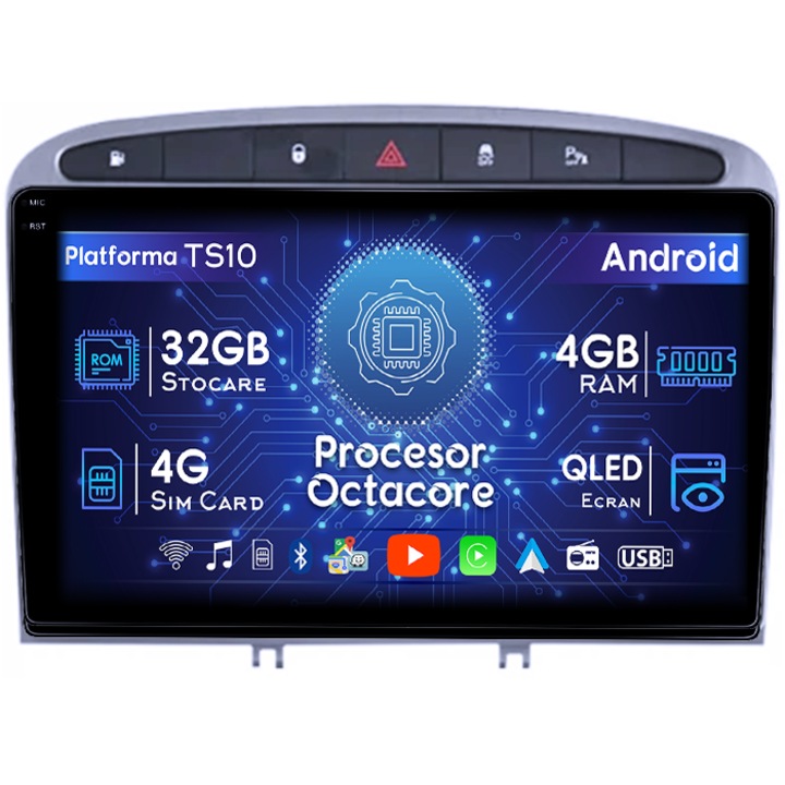 Navigatie dedicata Peugeot 408 2008-2020, Gray, 4GB RAM 32GB ROM, Octacore, Android 14, Display QLED 1K 9", DSP, Carplay&Android Auto, SIM 4G, Bluetooth, Ventilator Activ - Copie