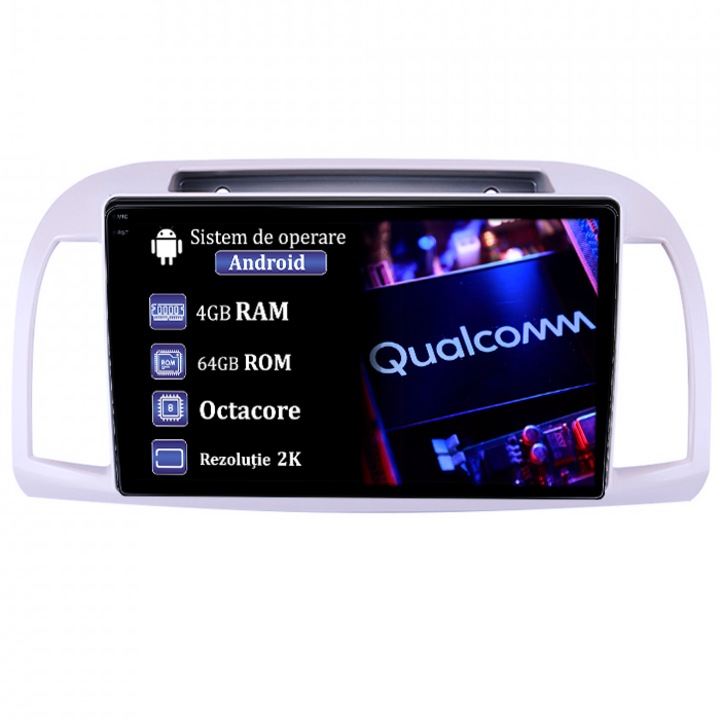 Dedikált navigáció Nissan Micra 2002-2020, 4GB RAM 64GB ROM, Qualcomm Octacore processzor, Android 14, 2K felbontás, 9" QLED kijelző, DSP, Carplay&Android Auto, SIM 4G