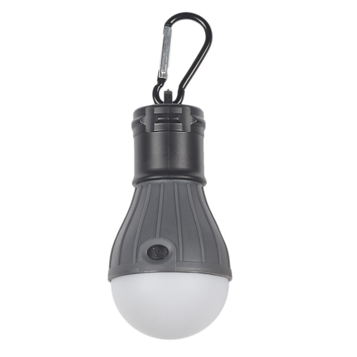 Bec LED portabil cu 3 moduri de iluminare, Buton on/off, Alimentare pe baterii, Carcasa din plastic rezistent, Agatatoare inclusa, Ideal pentru camping, 5.2 x 14.5 cm, Gri antracit