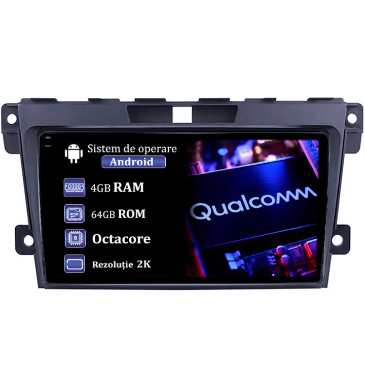 Navigáció Mazda CX 7 2008-2015, 4GB RAM 64GB ROM, Qualcomm Octacore processzor, Android 14, 2K felbontás, QLED 9" kijelző, DSP, Carplay&Android Auto, SIM 4G