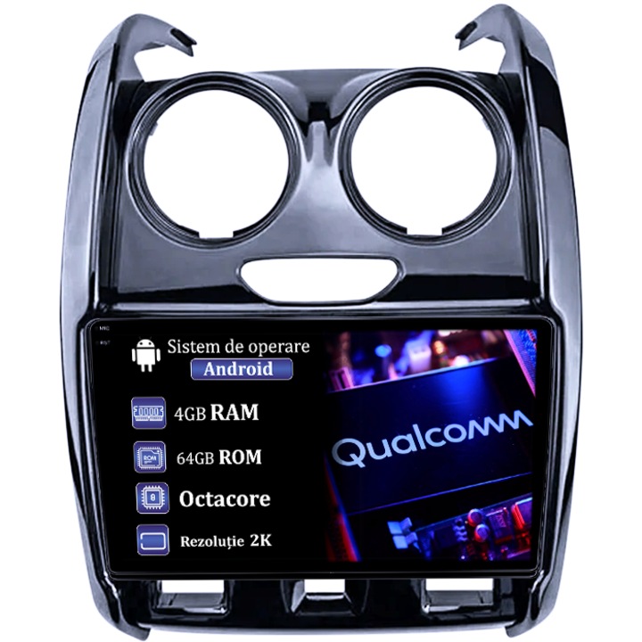 Dedikált navigáció Renault Duster 2015-2020 Lada Largus 2021, 4GB RAM 64GB ROM, Qualcomm Octacore processzor, Android 14, 2K felbontás, 9" QLED kijelző, DSP, Carplay&Android Auto, 4G SIM