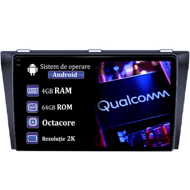 Navigáció Mazda 3 2004-2009-hez, 4GB RAM 64GB ROM, Qualcomm Octacore processzor, Android 14, 2K felbontás, 9" QLED kijelző, DSP, Carplay&Android Auto, 4G SIM