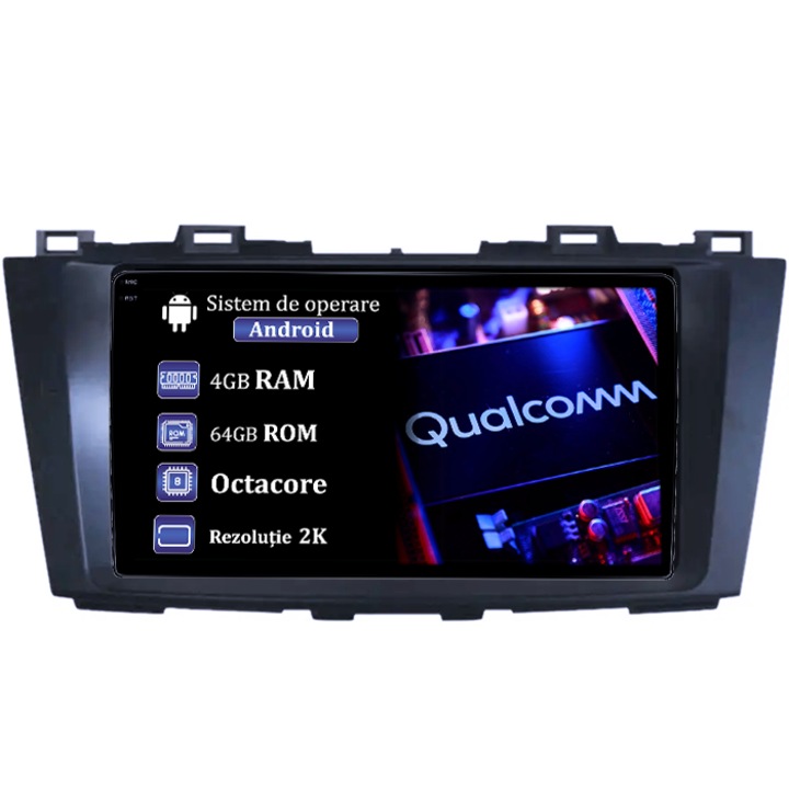 Navigáció Mazda 5 2010-2015-höz, 4GB RAM 64GB ROM, Qualcomm Octacore processzor, Android 14, 2K felbontás, 9" QLED kijelző, DSP, Carplay és Android Auto, 4G SIM