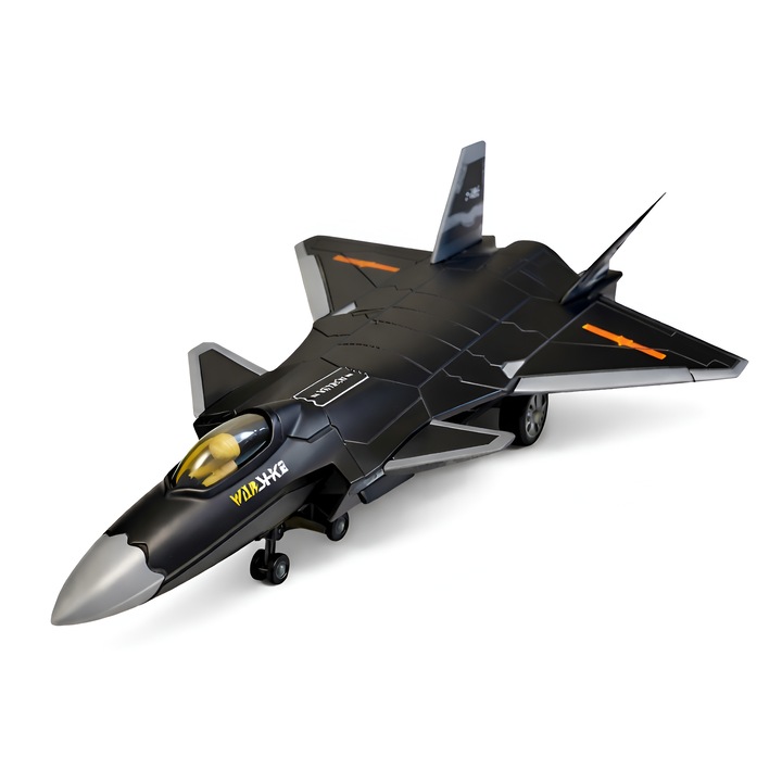 Avion de Vanatoare din Metal cu Efect de Aburi, Pull Back, Incarcare USB, Jet Militar cu Roti Functionale, 20 cm