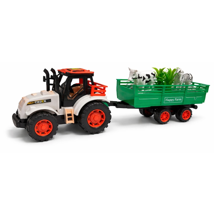 Трактор с ремарке и животни, 30 см, крава, панда, дърво