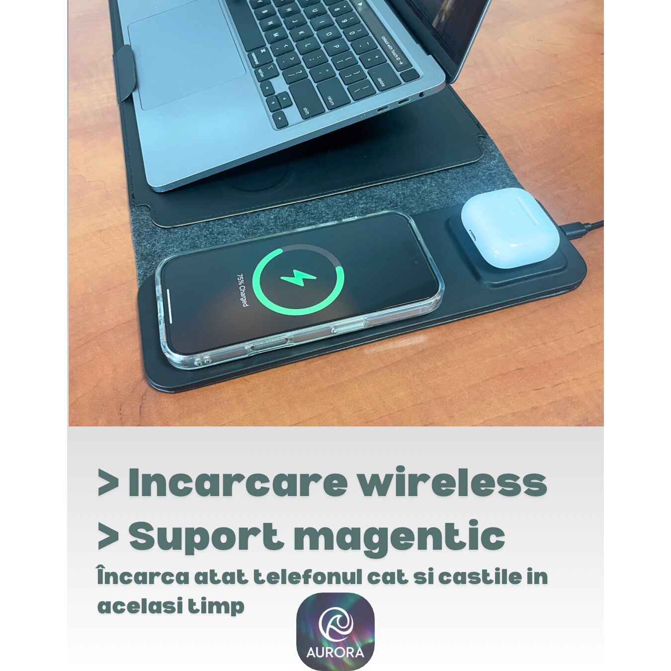 Husa Laptop 4-in-1 AURORA 13-14" cu pad incarcare Wireless MagSafe si Qi, compatibil Apple, Samsung, Huawei, Piele PU Negru, Impermeabila, Slim, Suport Ergonomic