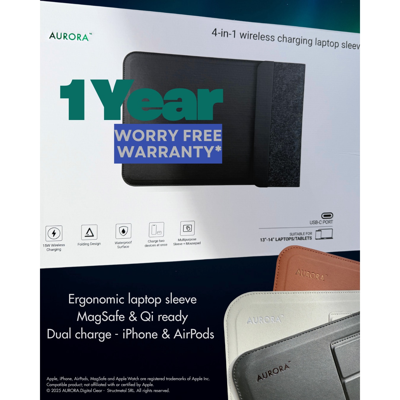 Husa Laptop 4-in-1 AURORA 13-14" cu pad incarcare Wireless MagSafe si Qi, compatibil Apple, Samsung, Huawei, Piele PU Negru, Impermeabila, Slim, Suport Ergonomic