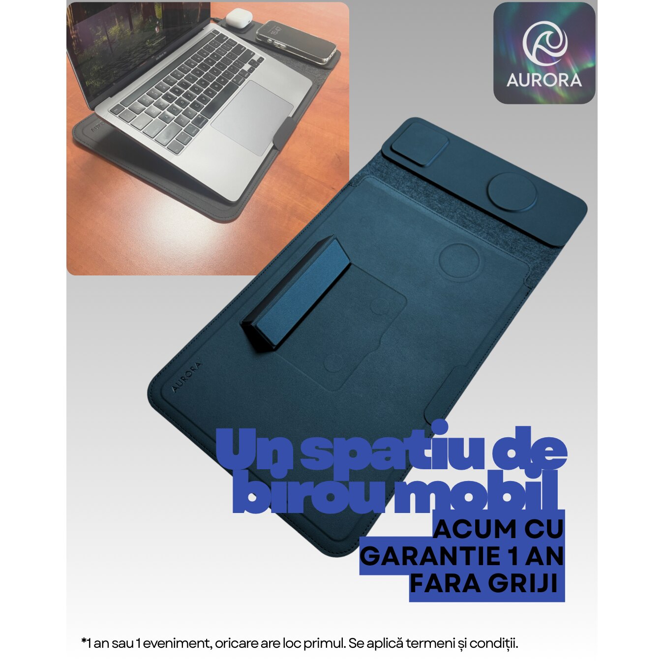 Husa Laptop 4-in-1 AURORA 13-14" cu pad incarcare Wireless MagSafe si Qi, compatibil Apple, Samsung, Huawei, Piele PU Negru, Impermeabila, Slim, Suport Ergonomic