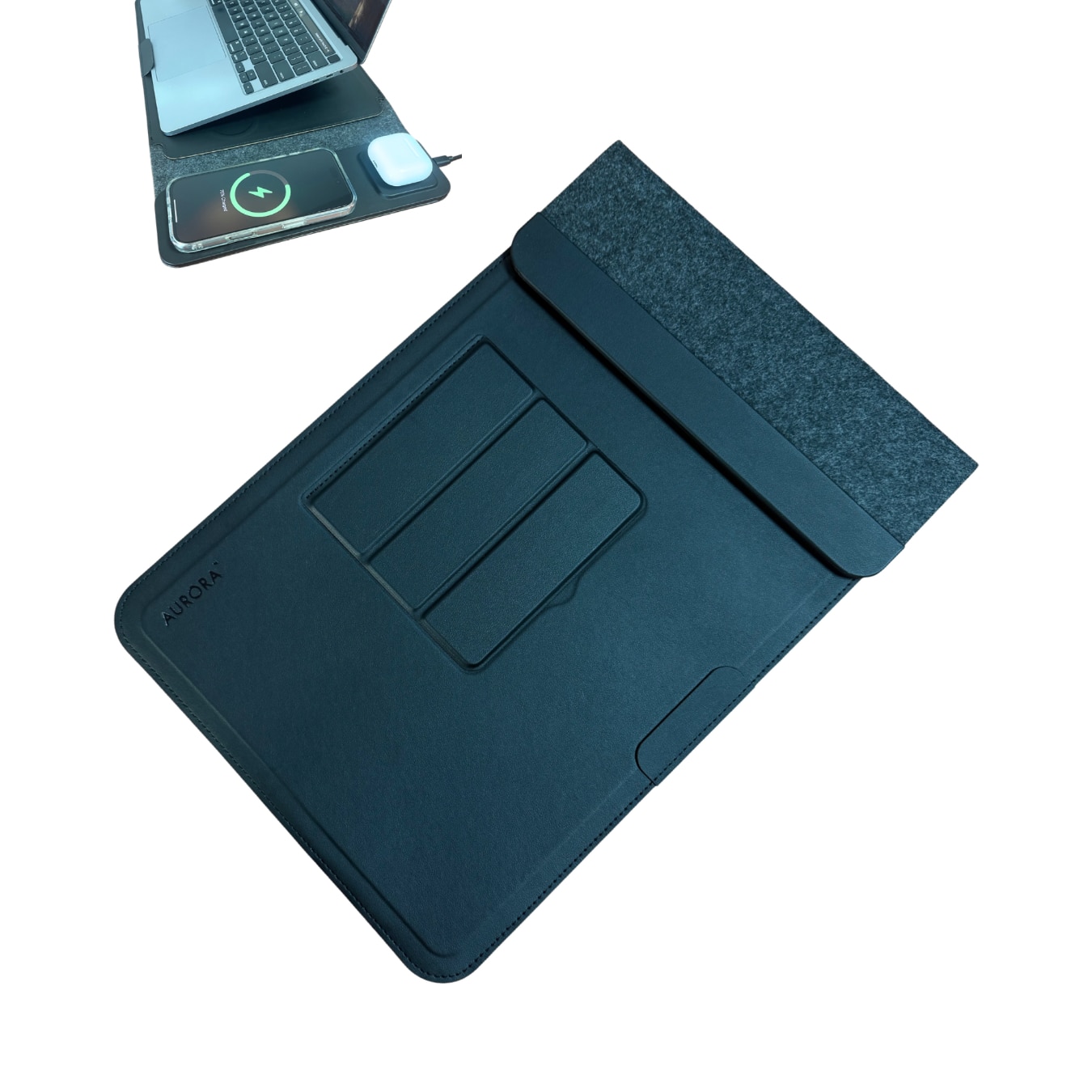 Husa Laptop 4-in-1 AURORA 13-14" cu pad incarcare Wireless MagSafe si Qi, compatibil Apple, Samsung, Huawei, Piele PU Negru, Impermeabila, Slim, Suport Ergonomic