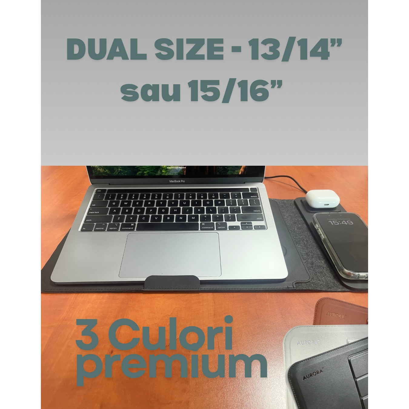 Husa Laptop 4-in-1 AURORA 13-14" cu pad incarcare Wireless MagSafe si Qi, compatibil Apple, Samsung, Huawei, Piele PU Negru, Impermeabila, Slim, Suport Ergonomic