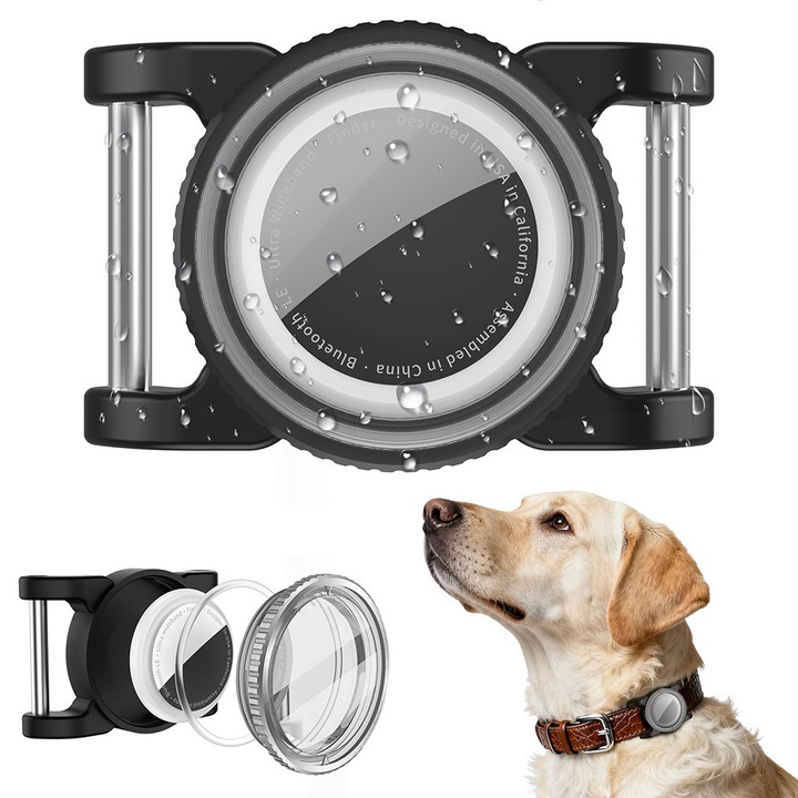 Suport pentru zgarda de caine Airtag, Chucai, impermeabil, instalare usoara cu rotire, zgarda pentru animale de companie cu tub metalic protector, suport sistem gps, pentru cainisi pisici, negru