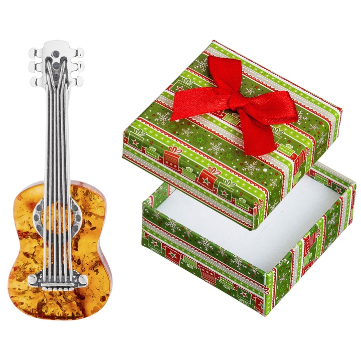 Pandantiv argintiu in forma de chitara cu chihlimbar, set cu cutie de cadou, Siju