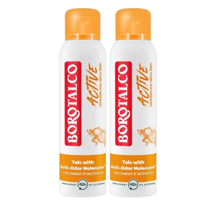 Set 2 x Deodorant Spray Borotalco Mandarine 150 ml, unisex, 0% alcool, eficacitate 48h
