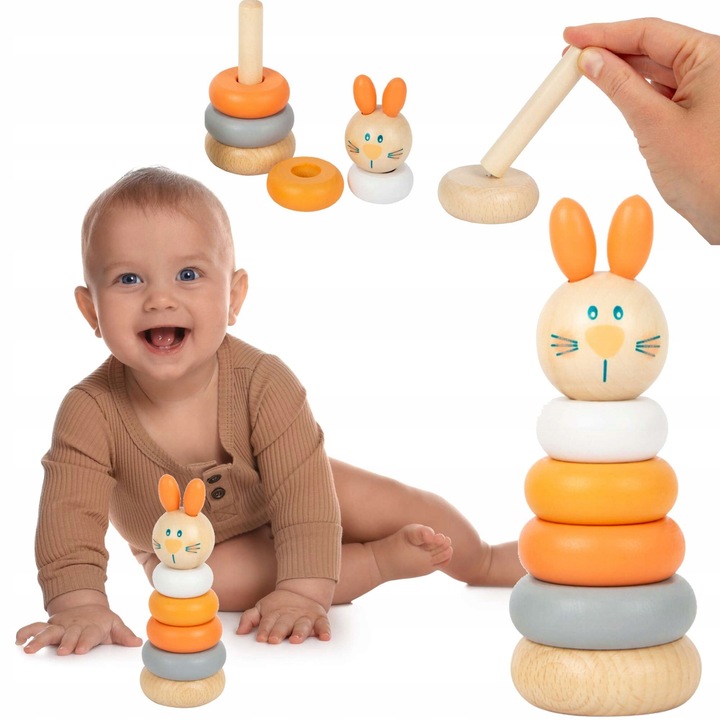 Fából készült piramis nyuszival, Small Foot, 14 cm, oktató, biztonságos gyermekeknek 1 éves kortól