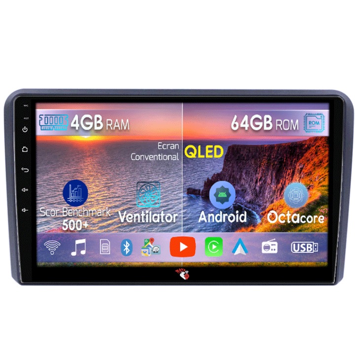 Запечатана, Специализирана навигация Audi A3, 4GB RAM 64GB ROM, Octacore, Android, QLED 9" дисплей, DSP, Carplay, Android Auto, Интернет, Youtube, Waze, WIFI, Bluetooth