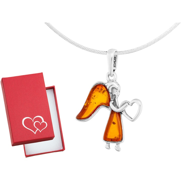 Colier lung din argint cu ingeras si chihlimbar, 80cm, Siju, set cu cutie de cadou