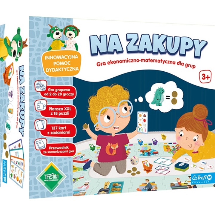 Образователна игра "На пазар", Trefl, за 4-28 деца, двойна игрална дъска, 12 кошници, многоцветна