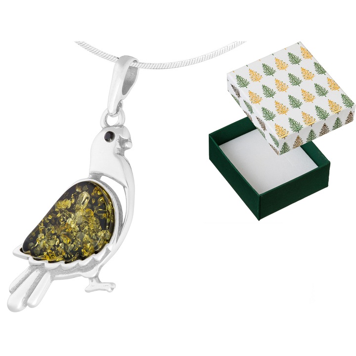 Colier lung Siju, model porumbel, cu chihlimbar verde si zirconii, 80cm