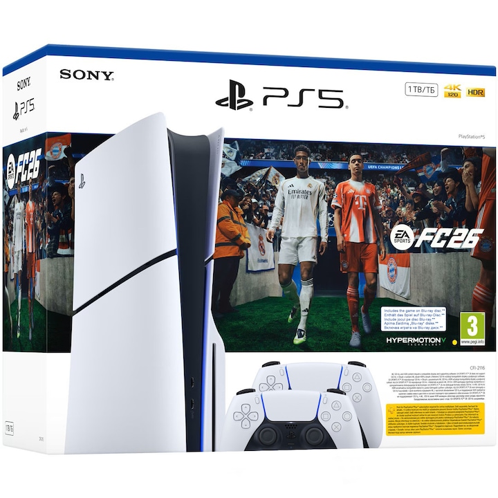 Конзола PlayStation 5, 1TB SSD, Допълнителен контролер, Игра EA Sports FC 26, бял, 3.0 кг